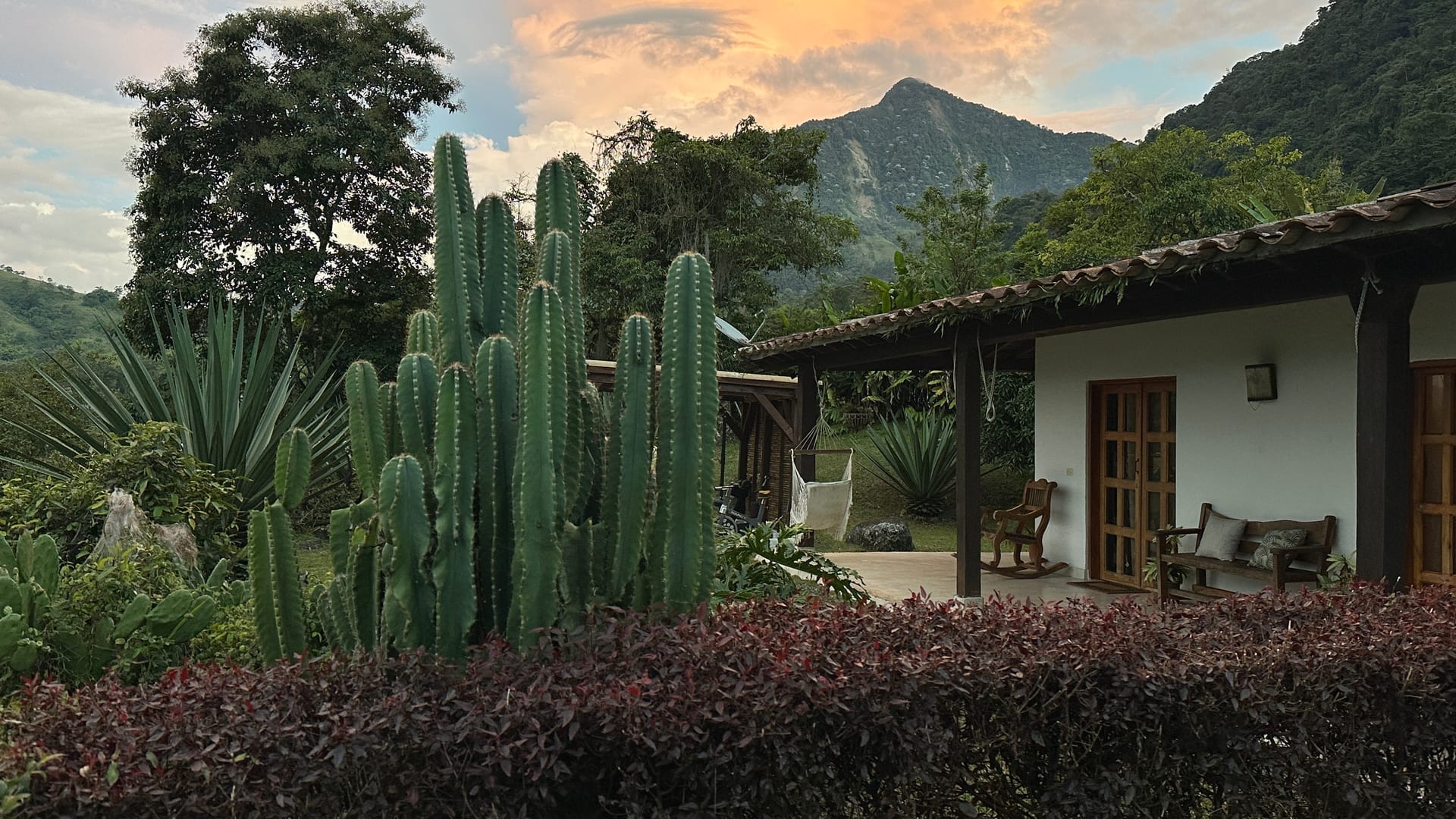 Viento del Monte estate at sunset – cactus garden, veranda, and Andean mountain backdrop